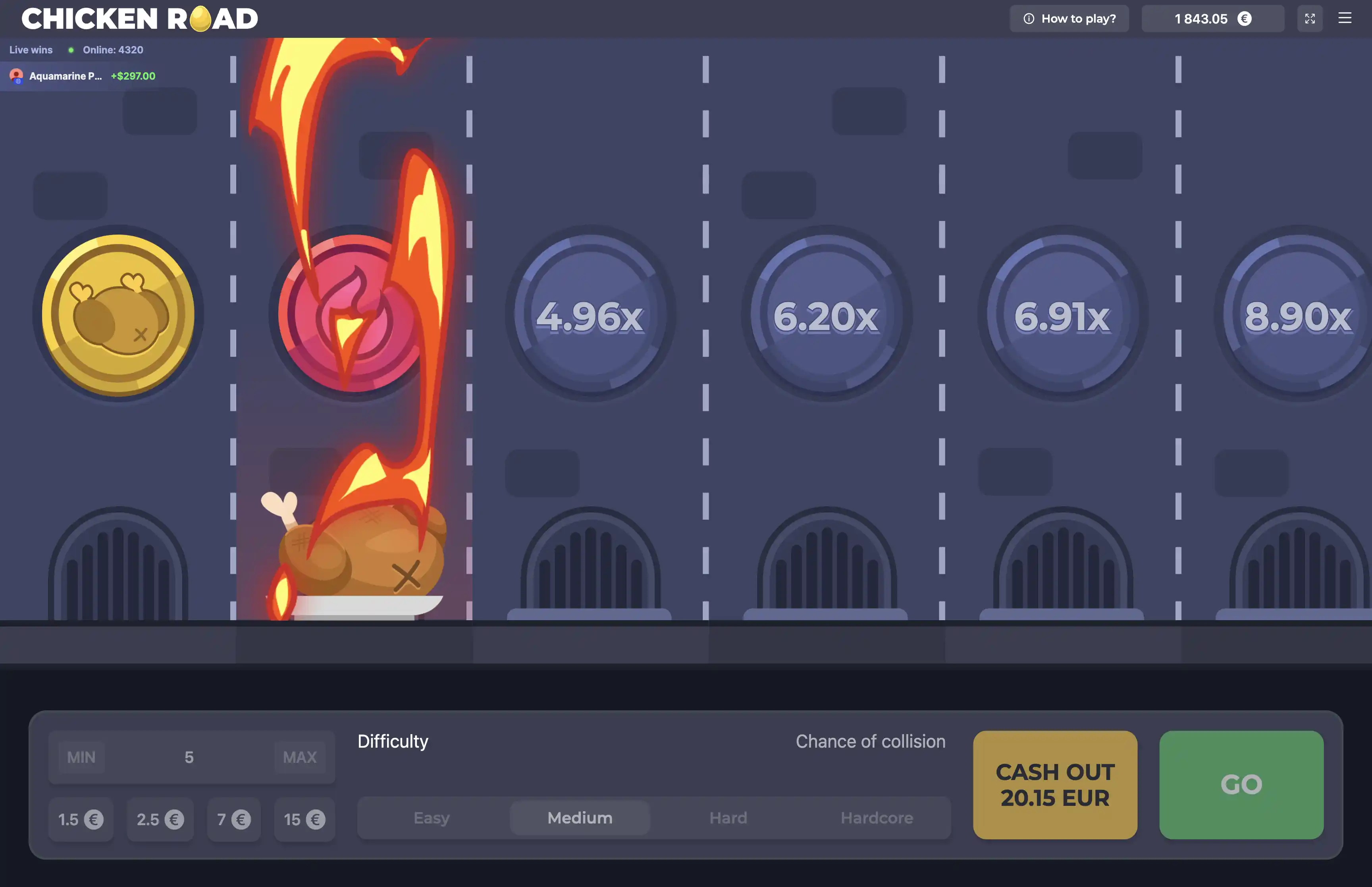 Écran Game Over Chicken Road - Exemple de partie perdue avec statistiques de gains et multiplicateurs